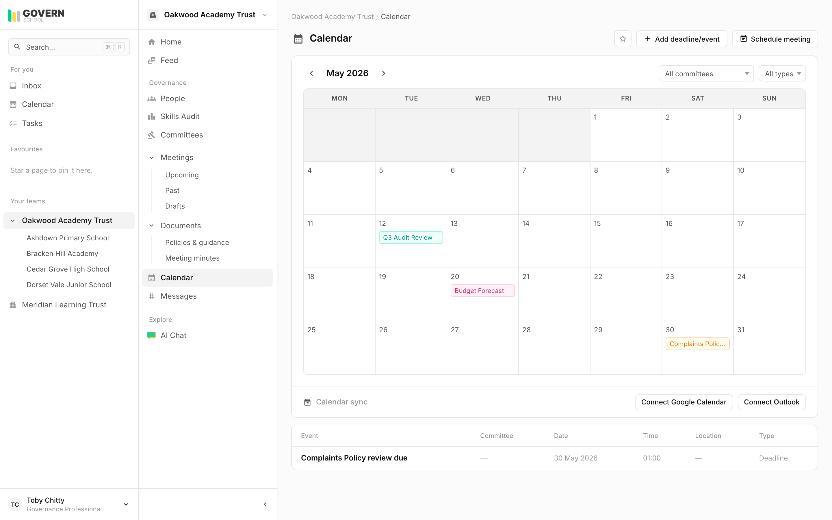 Trust calendar combining meetings, deadlines and review dates across all schools in scope, with Outlook and Google Calendar sync