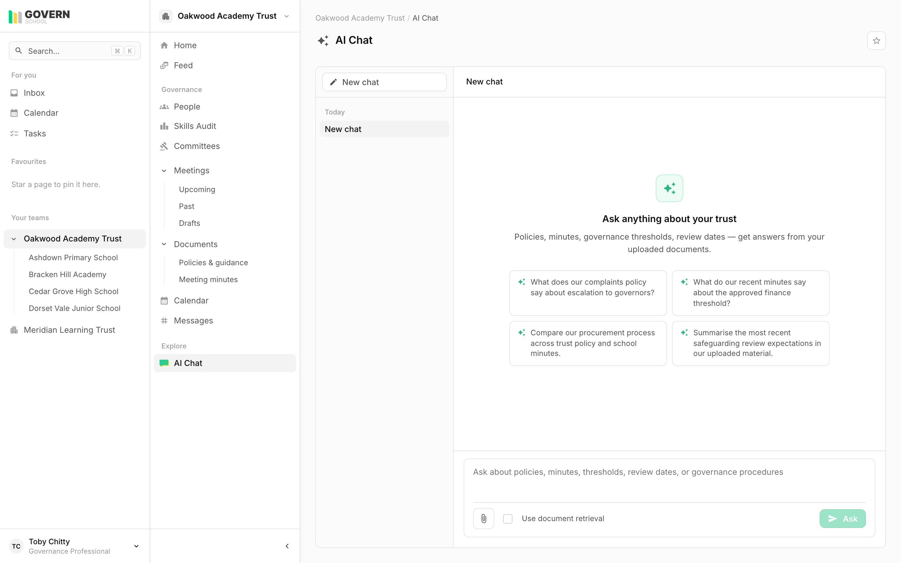 AI chat with starter questions about policies and meeting minutes