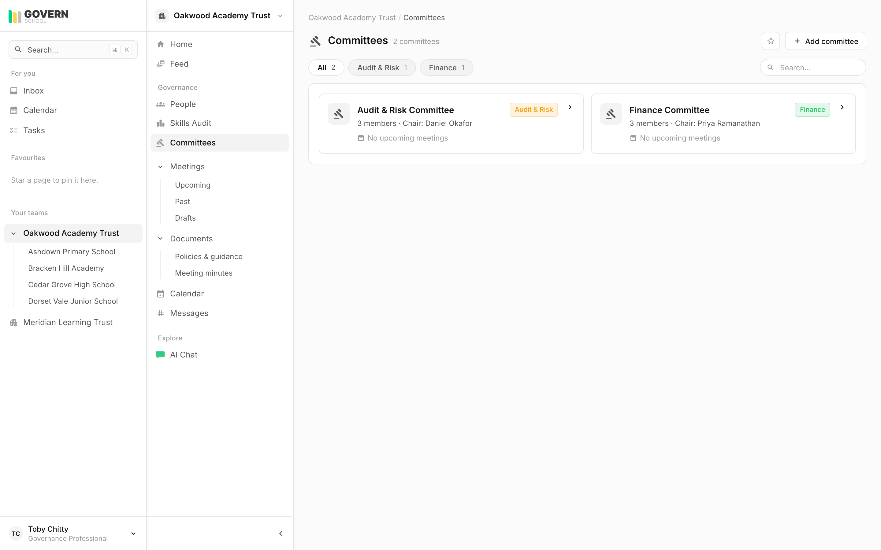 Committees list showing the trust-level Audit & Risk Committee and Finance Committee, each with member count and chair