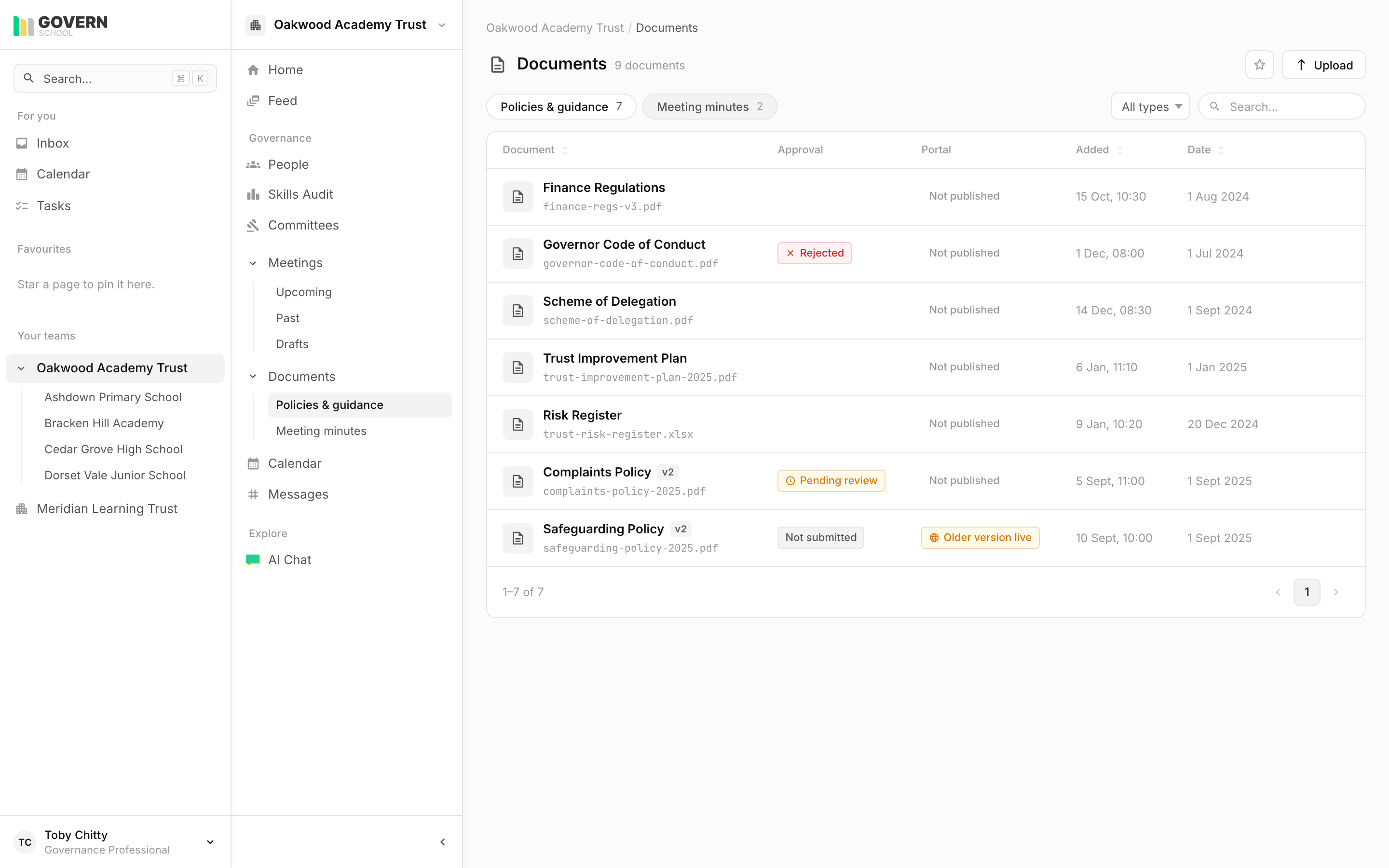 Documents page showing 7 policies with approval status, portal status, version badges, and Pending review and Older version live indicators