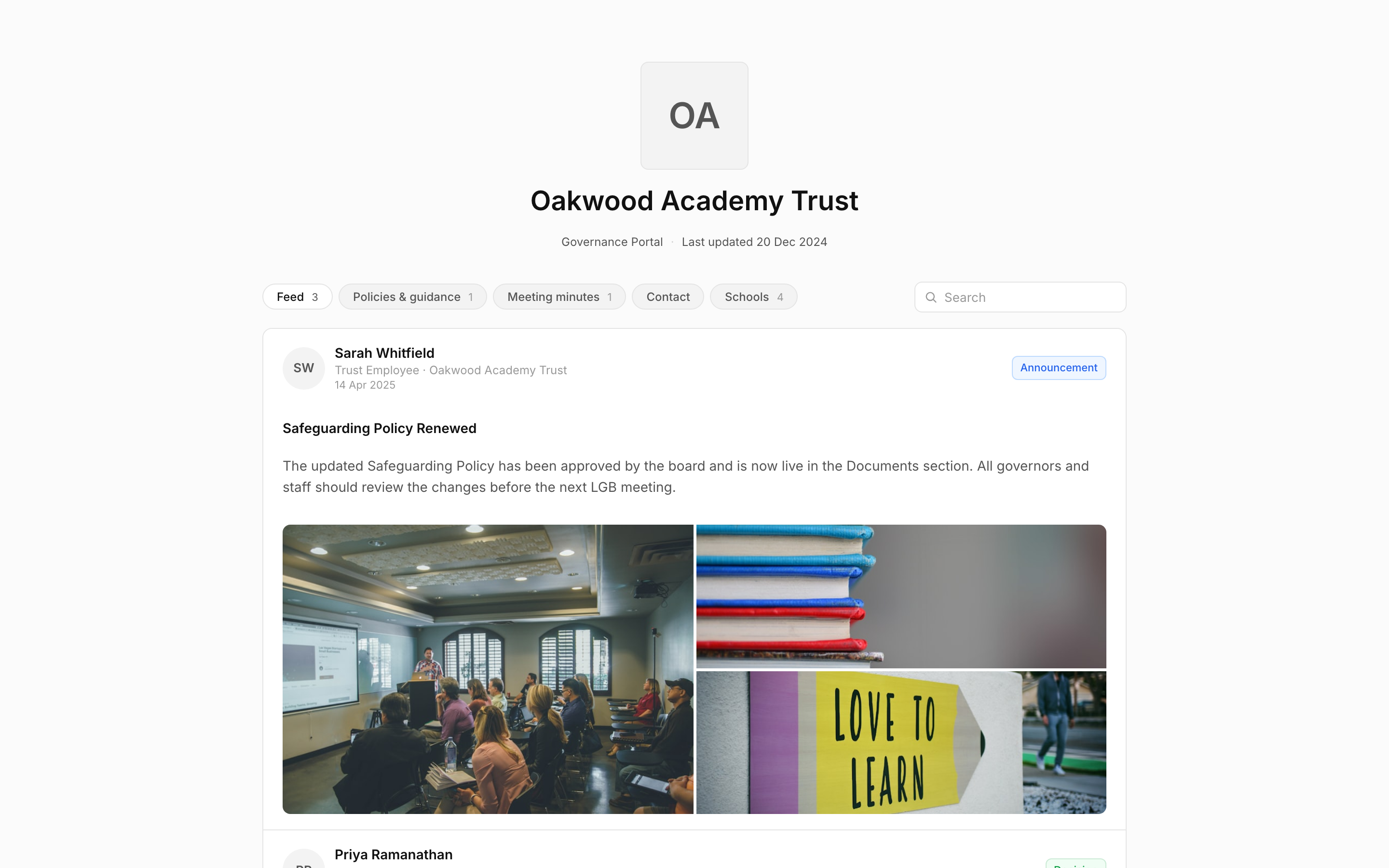 Public governance portal showing the trust feed with policies and announcements